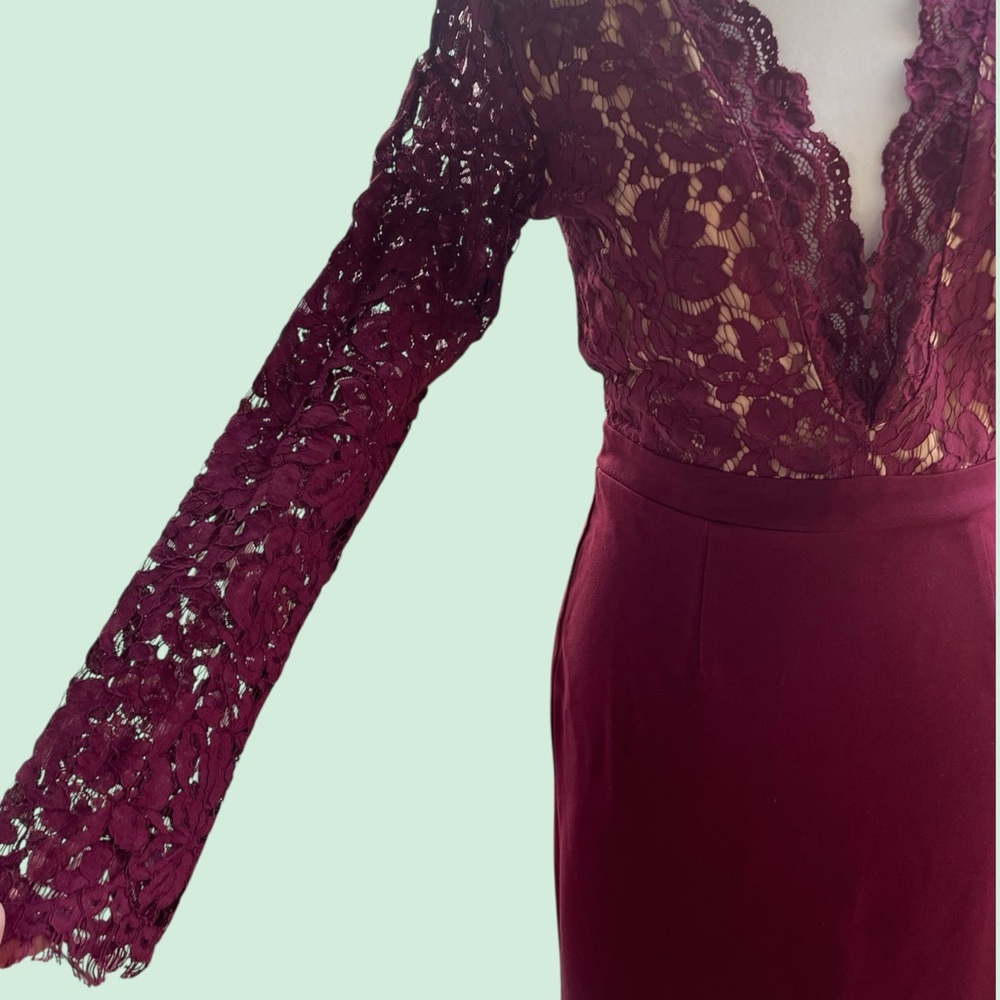 Lulu's Burgundy Lace Long Sleeve Dress. Deep V-neck. EUC. Medium. - Picture 8 of 11